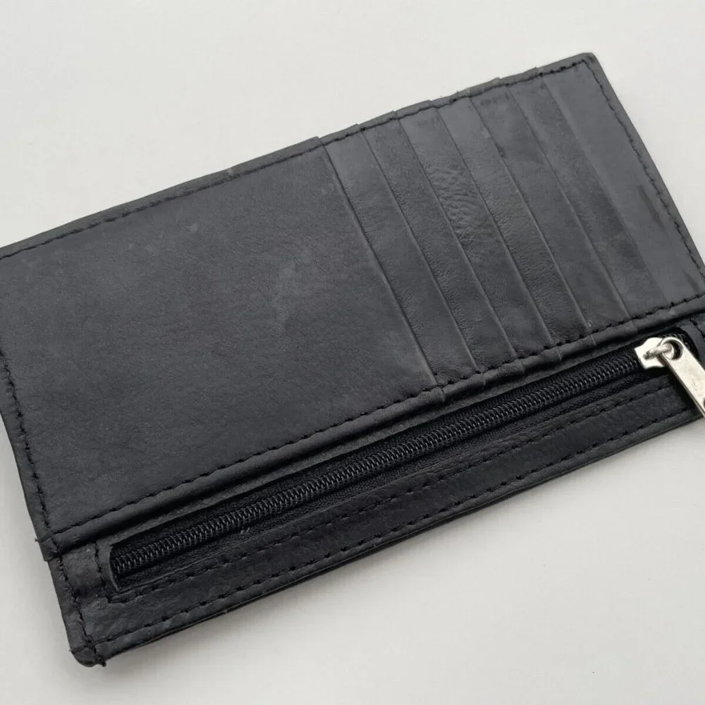 Long Card Holder Billfold Black Genuine Leather Wallet Handmade Coin Purse